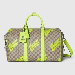 NEW Gucci Men's Neon Green & Brown Medium Duffel Bag w Print - Limited Edition